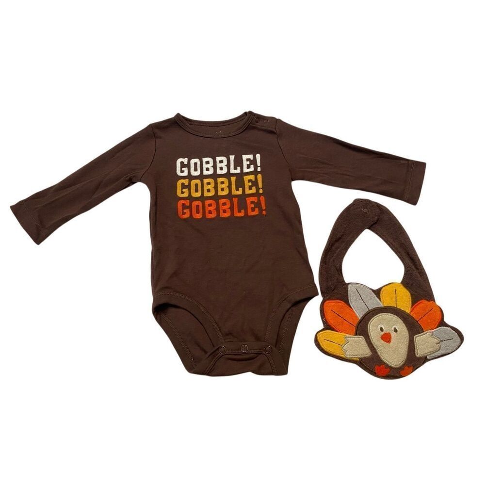 Carter's Gobble Baby One Size Thanksgiving Baby Bodysuit Brown Turkey Bib Set
